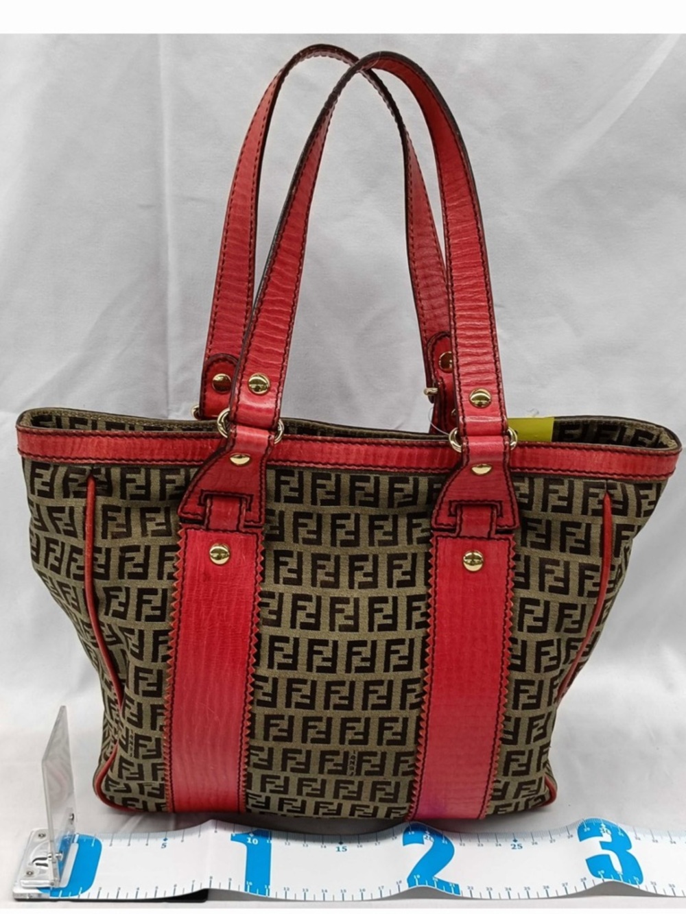 Fendi Brown FF Logo Canvas Tote with Red Leather Trim - Picture 3 of 10